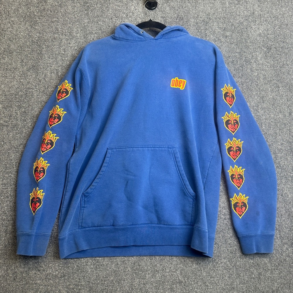 VTG Obey Hoodie Mens M Blue Graphic Heart Fire Flame Streetwear Skate Pullover